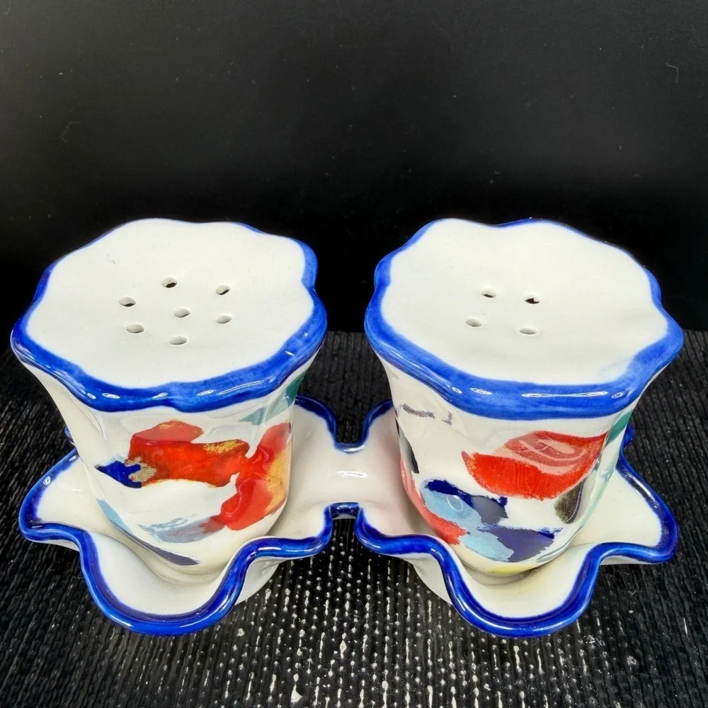 Anthropologie Luna Floral Ceramic Salt and Pepper Shaker Set with Tray New w Tag